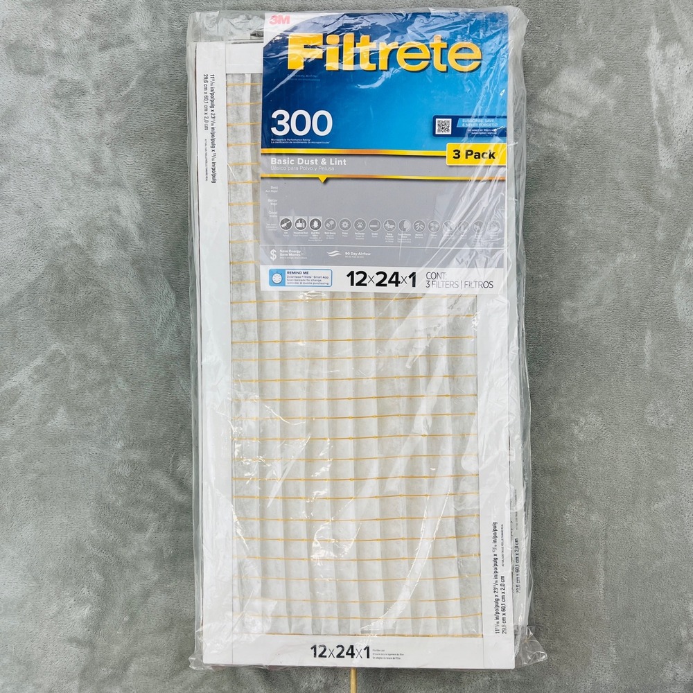 3M Filtrete 300 Air Filter 12x24x1 MPR 300 MERV 5 Dust & Lint 3 Pack